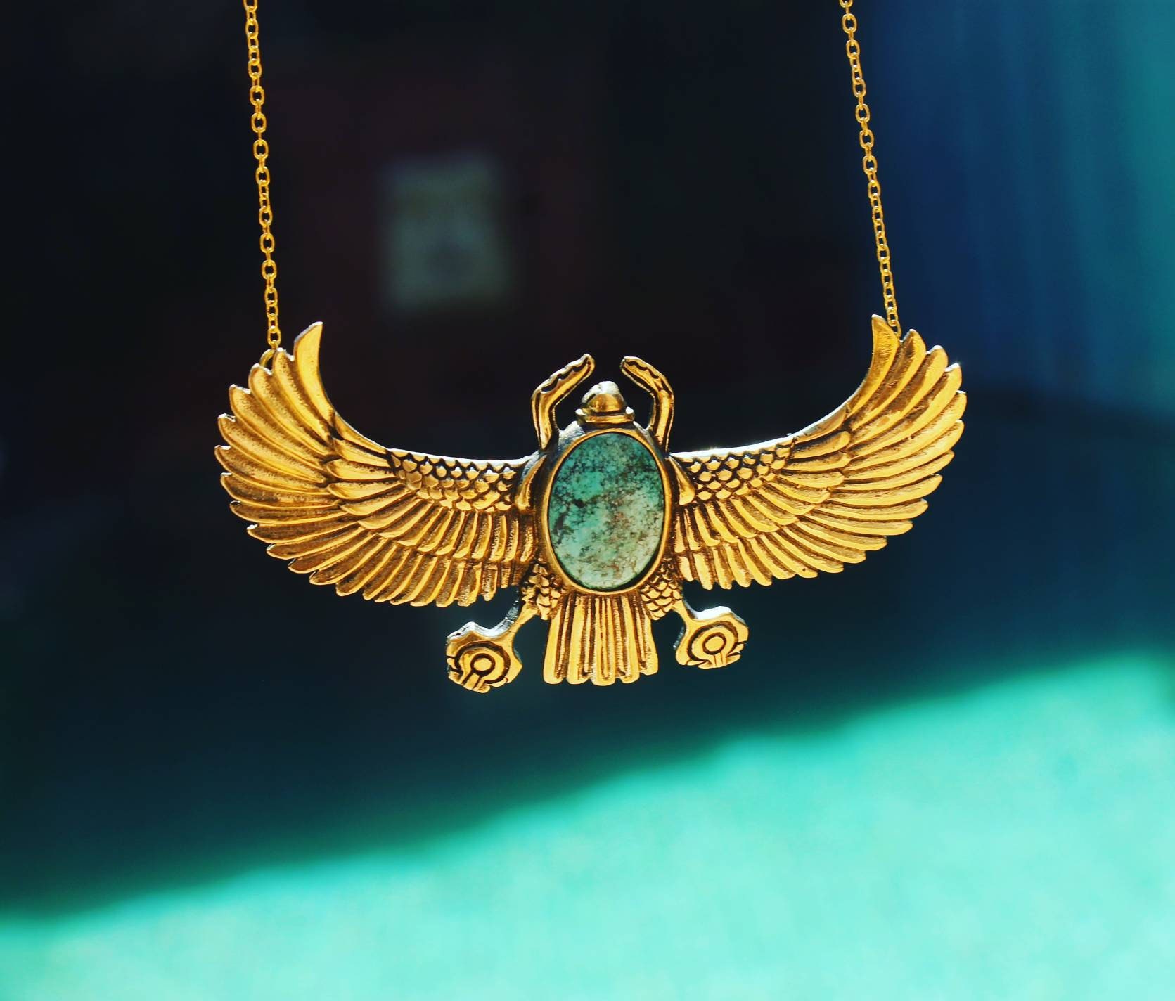 KHEPRI winged scarab necklace turquoise egyptian revival | Etsy