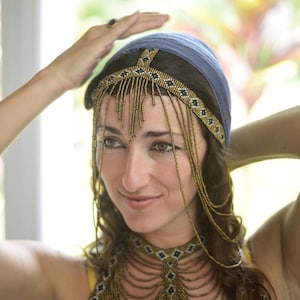 Beaded head piece, queen crown, golden chain tiara, Elven tiara, Fairy Crown, head jewelry, fringe tiara, bridal crown, goddess jewel, boho
