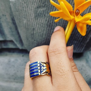 KARNAK Egyptian blue lotus ring, lapislazuli inlay size 6 7 8, goddess jewelry, handmade ring, enamel, egyptian revival, women gift, gems