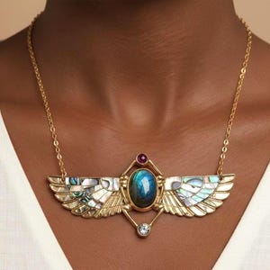 TUTANKHAMUN Revival necklace, abalone inlayed winged Egyptian scarab, beatle jewelry, Khepri Scarab, art nouveau jewelry, labradorite, gift
