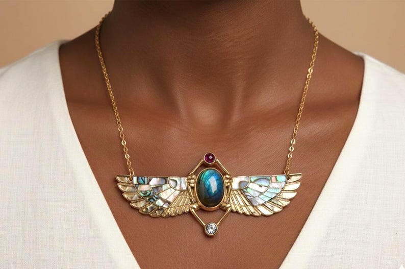 TUTANKHAMUN Revival necklace, abalone inlayed winged Egyptian scarab, beatle jewelry, Khepri Scarab, art nouveau jewelry, labradorite, gift