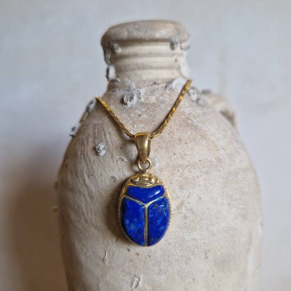 KHEPRI Lapislazuli inlayed pendant, carved lapislazuli scarab, beetle jewelry, Egyptian scarab jewelry, egyptian revival, lapislazuli, small