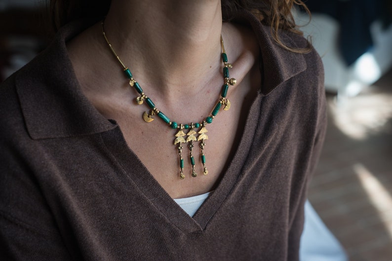 handmade beaded Necklace ethnic boho, gift for women gemstones gemstone jewelry SHIRIN MALACHITE ethnic necklace tribal choker
