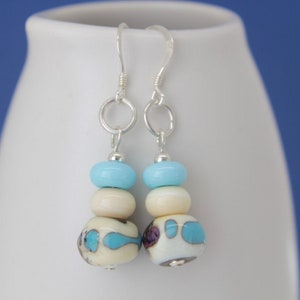 Blue Cream Earrings Dangle Earrings Sterling Silver Earrings Drop Earrings Handmade Jewelry Lampwork Beaded Earrings Lightweight Earrings