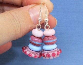 Pink Earrings, Pink Drop Earrings, Designer Beads, Glass Lampwork Earrings, Sterling Silver Earrings, Beaded Earrings for Women, Pink Dangle