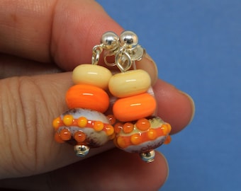 Orange Earrings, Drop Earrings, Designer Beads, Glass Lampwork Earrings, Sterling Silver Earrings, Beaded Earrings for Women