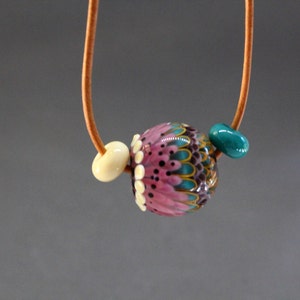 Lilac Necklace, Glass Lampwork Necklace, Statement Necklace, Teal, Lilac, Cream Lampwork Glass Beads, Adjustable Necklace, Bead Necklace