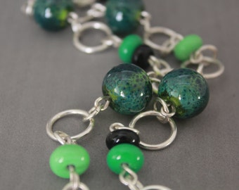 Green Necklace, Sterling Silver Necklace, Short Necklace, Lampwork Necklace, Glass Bead Necklace, Glass Lampwork beads