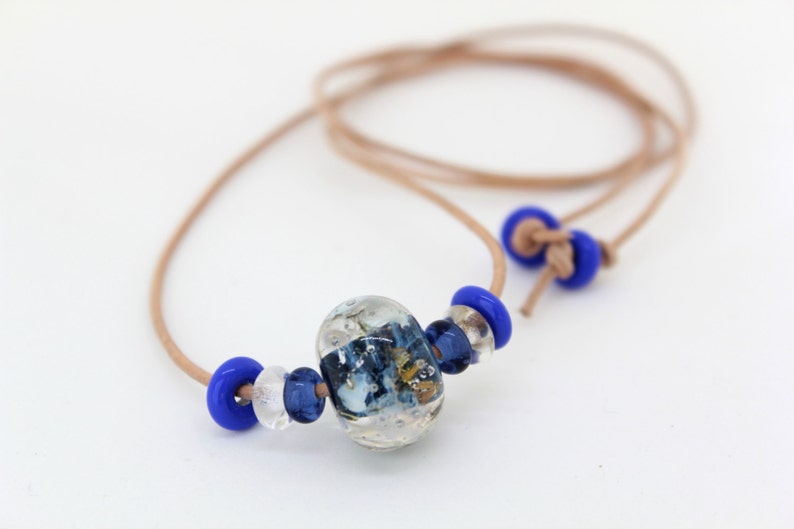Adjustable Leather Necklace Blue Necklace Handmade Glass Lampwork Bead Necklace Bead Leather Necklace Cobalt Blue Necklace