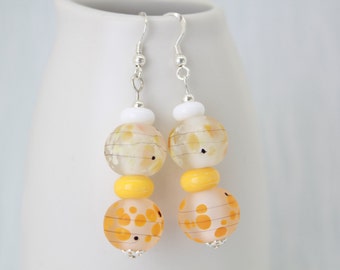 Drop Earrings, Yellow Earrings, Dangle Earrings, Glass Lampwork Earrings, Sterling Silver Earrings, Orange Glass Beads, Statement Earrings