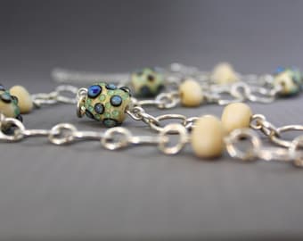Handmade Lampwork Sterling Silver Necklace: Cream Beaded Jewelry