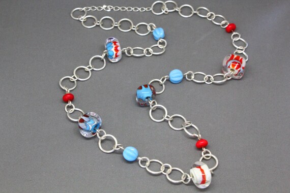 Sterling Silver Lampwork Necklace: Red White Blue Beaded Statement Jewelry