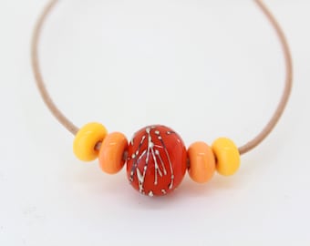 Orange Lampwork Glass Bead Necklace: Adjustable Leather Cord