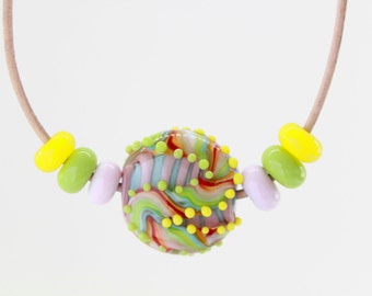 Handmade Lampwork Glass Bead Necklace: Adjustable Leather Cord