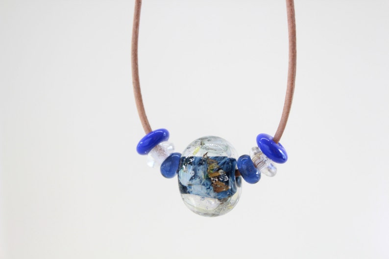 Adjustable Leather Necklace Blue Necklace Handmade Glass Lampwork Bead Necklace Bead Leather Necklace Cobalt Blue Necklace