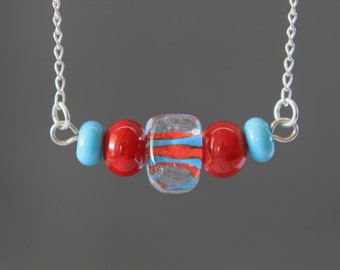 Glass Lampwork Necklace, Red Necklace, Blue Necklace, Silver Necklace, Fine Silver Necklace, Glass Beads, Bead Necklace, Delicate Necklace