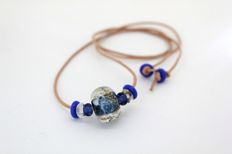 Adjustable Leather Necklace Blue Necklace Handmade Glass Lampwork Bead Necklace Bead Leather Necklace Cobalt Blue Necklace