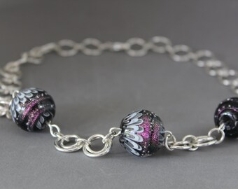 Silver Choker Necklace Starry Galaxy Pendant Glass Lampwork Necklace Sterling Silver Chain Necklace Black Glass Beaded Jewelry