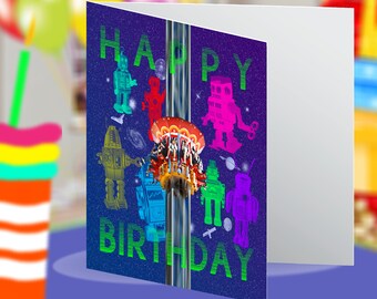 Happy Birthday Retro Robots from Outer Space Blank Birthday Greeting Card