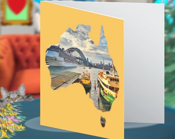 Australia Map Sydney Harbour Bridge Circular Quay Sydney Harbour Sydney Ferry Greeting Card Art Card with White Envelope