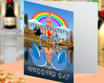 Wedding Day Blue Love Swans Lesbian Gay Pride Rainbow Marriage Celebration Congratulations Blank Greeting Card