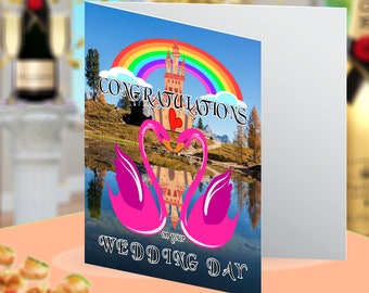 Wedding Day Pink Love Swans Lesbian Gay Pride Rainbow Marriage Celebration Congratulations Blank Greeting Card