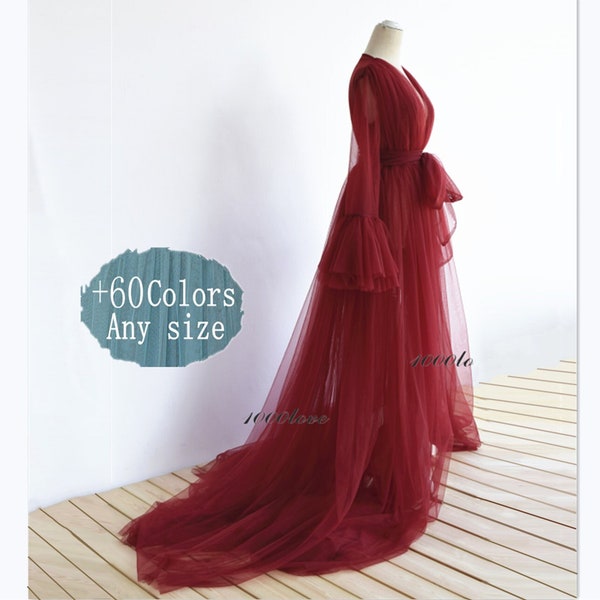 Red sheer tulle dress formal evening dresses,long sleeves robe photo shoot dress,Maternity Photography,Tulle Maternity Gown,train dress