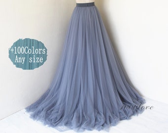 Light gray blue long maxi tulle skirt with a big train,bridesmaid dress,photo shoot tulle skirt