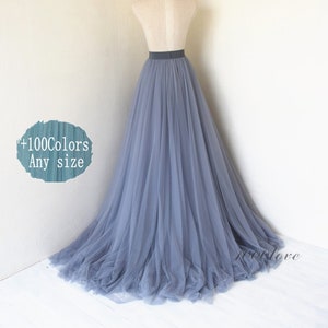 Light gray blue long maxi tulle skirt with a big train,bridesmaid dress,photo shoot tulle skirt