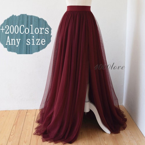 Maxi Wine red split skirt,floor length elegant,wedding photo shoot evening dating tulle skirt,bridesmaid dresses