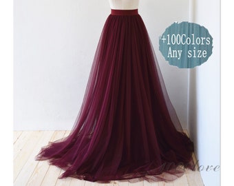 Deep purplish red long maxi tulle skirt with a train,evening long skirt, bridesmaid dress,photo shoot tulle skirt