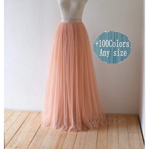 Maxi jupe en tulle corail pêche, robe de demoiselle d'honneur, robe de mariée, jupe de séance photo, toutes les tailles, toutes les longueurs, jupe en tulle sans ceinture