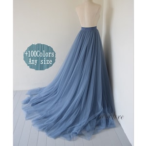 Dusty blue long maxi tulle skirt with a big train,bridesmaid dress,photo shoot tulle skirt