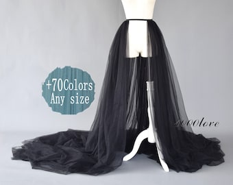 Black detachable overskirt,bride wedding photo shoot tulle inches  long train tulle skirt,show party cosplay tulle skirt,any color