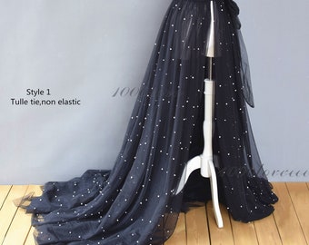 Black tulle with white pearl detachable over skirt,sparkle  glitter softest tulle skirt ,bride wedding  skirt,photo shoot tulle skirt