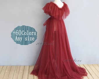 Red ruffles Sheer tulle formal evening dresses,sleeveless photo shoot tulle dress,Maternity Photography ,Tulle Maternity Gown,robe dress