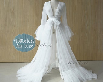 White Sheer Tulle Maternity Gown, Long Sleeve Photo Shoot Dress