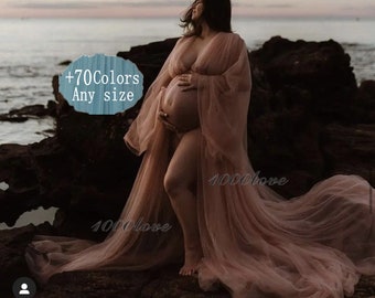 Custom Sheer tulle dress formal evening dresses, flare sleeve photo shoot tulle dress,Maternity Photography ,Tulle Maternity Gown,robe dress