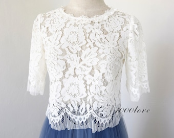 White  lace top, Bridal bridesmaid beauty lace top,short top custom size