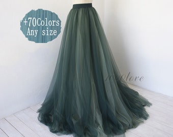 2 Layer adult softest skirt,Mixture dark green with pea green, maxi skirt , train skirt evening skirt,photo shoot maxi train skirt