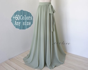 Sage adult floor length chiffon skirt,full length women wedding skirt,  bridesmaid dresses with sash