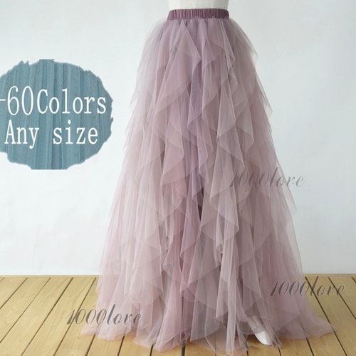 Women's Wedding Maxi Tulle Skirt With Detachable Train – Floor Length Overskirt, Mauve Color, Size L/XL - View #5