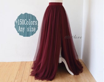 Maxi Wine red split skirt,floor length elegant,wedding photo shoot evening dating tulle skirt,bridesmaid dresses