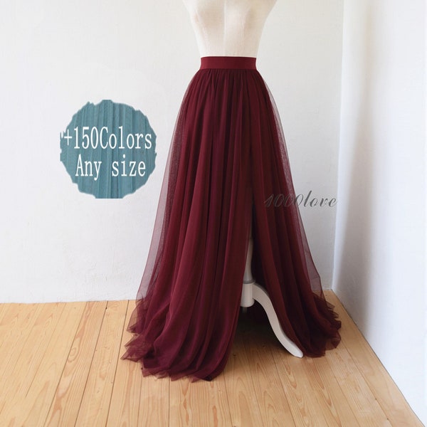 Maxi Wine red split skirt,floor length elegant,wedding photo shoot evening dating tulle skirt,bridesmaid dresses