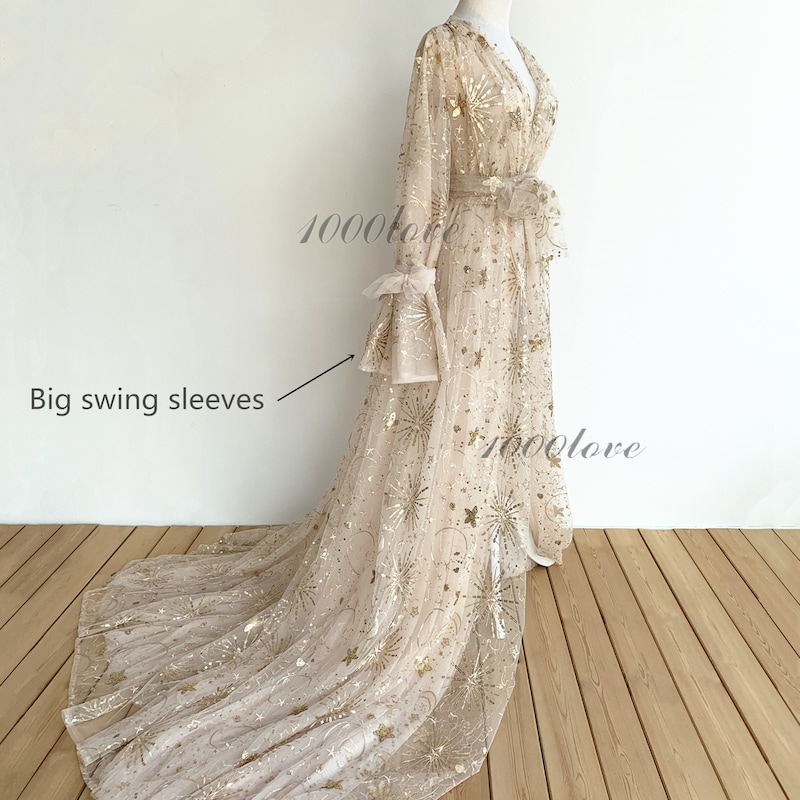 Long Tulle Dress with Convertible Back Design Gold