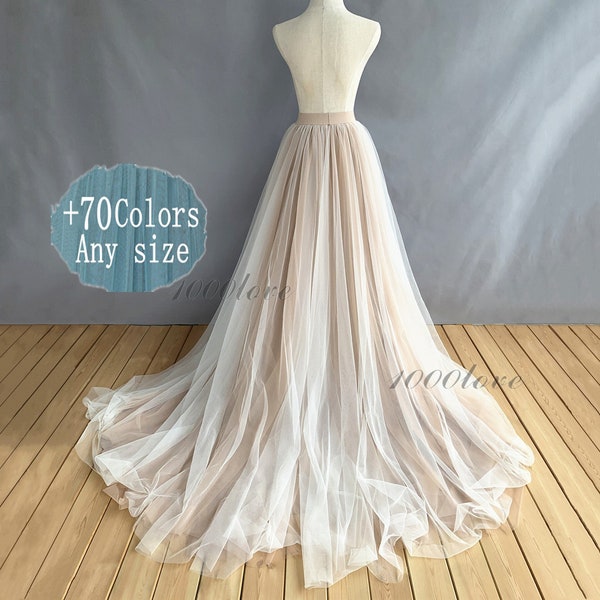 Adult mixture color long train skirt, skin with ivory tulle skirt,evening skirt,  bridesmaid dress,photo shoot engagement tulle skirt