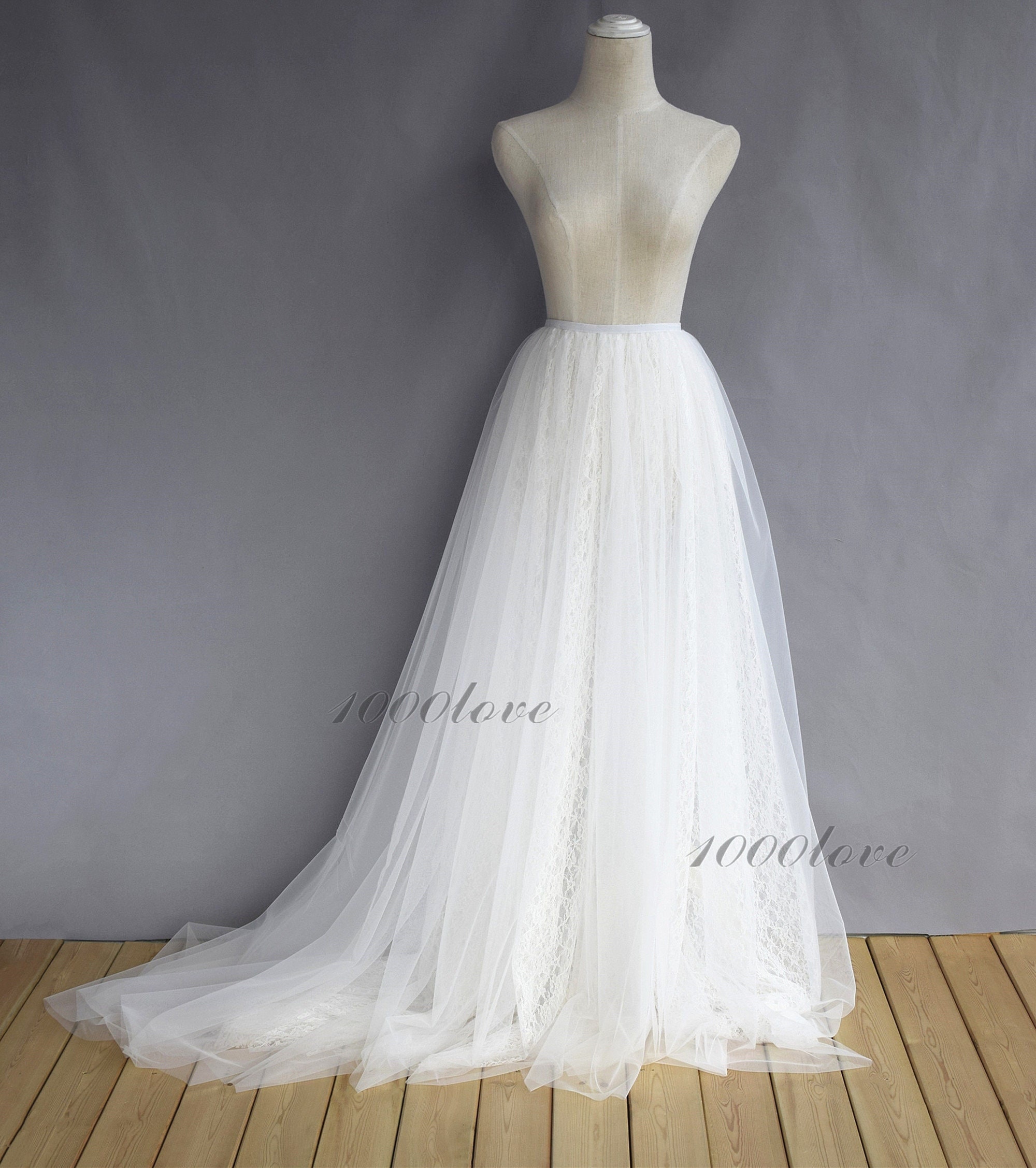 Detachable lace overskirt, one layer tulle with one layer lace,softest bride wedding photo shoot tulle skirt. long train tulle skirt