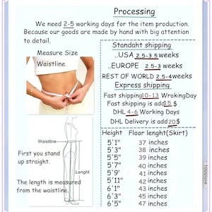 May include: Diagram showing how to measure waistline and length for a skirt. The diagram shows a person standing straight with a measuring tape around their waist. The text explains that the length is measured from the waistline. The diagram also includes a table showing the skirt length in inches for different heights.