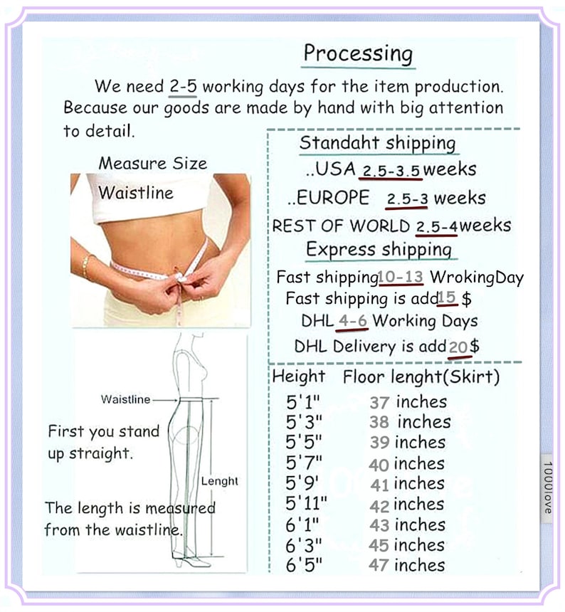 May include: Diagram showing how to measure waistline and length for a skirt. The diagram shows a person standing straight with a measuring tape around their waist. The text explains that the length is measured from the waistline. The diagram also includes a table showing the skirt length in inches for different heights.