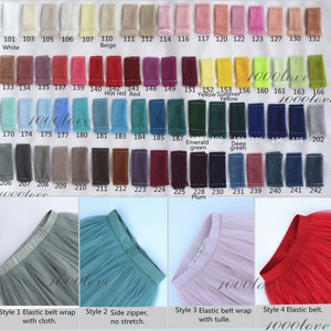 May include: A color chart of 42 different fabric swatches, with a variety of colors, including white, beige, red, green, and plum. The swatches are arranged in rows and columns, and each swatch is labeled with a number. Below the chart are four images of tulle skirts, each with a different style of waistband. The first skirt has an elastic waistband with cloth, the second has a side zipper, the third has an elastic waistband with tulle, and the fourth has an elastic waistband.
